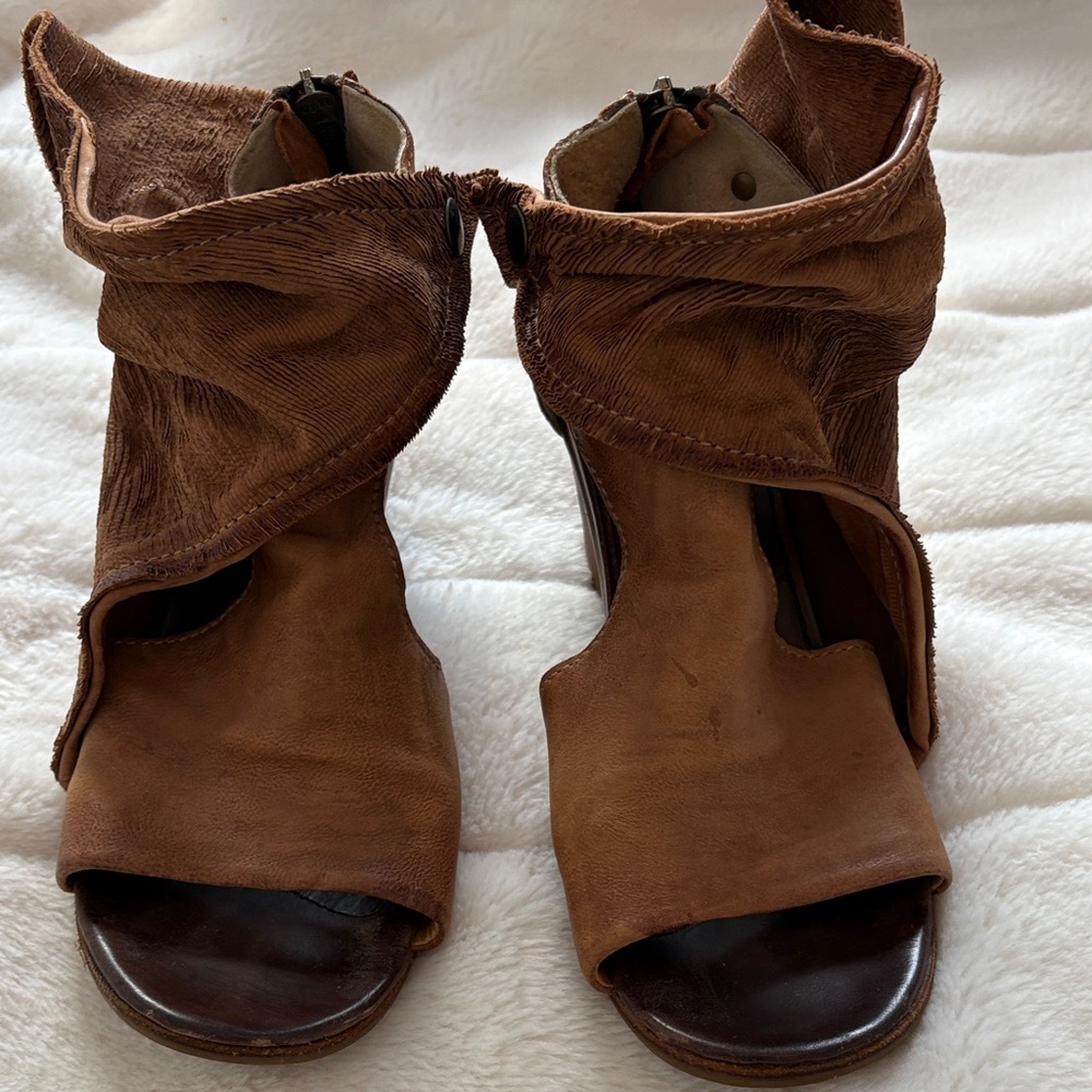A.S.98 Brown Leather Open-Toe Heeled Boots